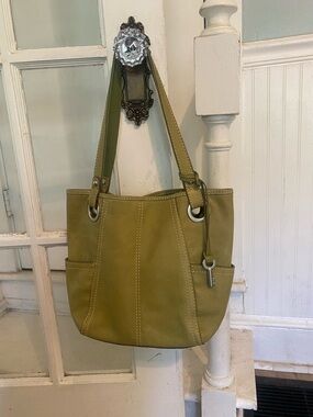Fossil Olive Leather Shoulder Tote with Double Handles